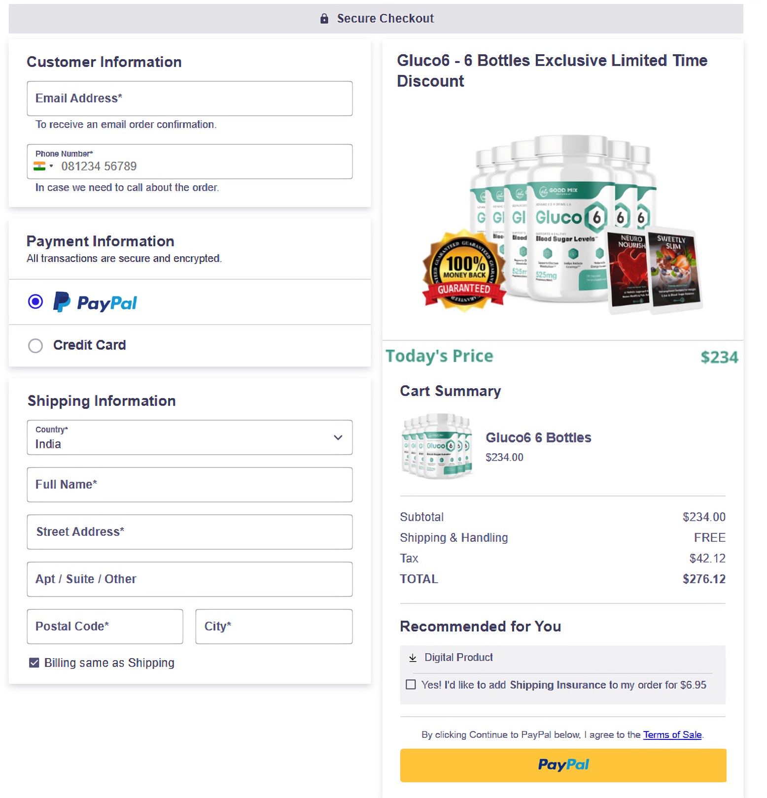 Gluco6 secure checkout page showing the 6-bottle order summary