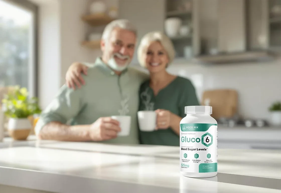 Couple enjoying coffee in the kitchen with a bottle of Gluco6