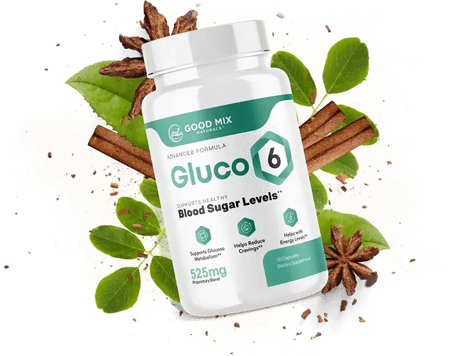 Gluco6 bottle with cinnamon, star anise and green leaves
